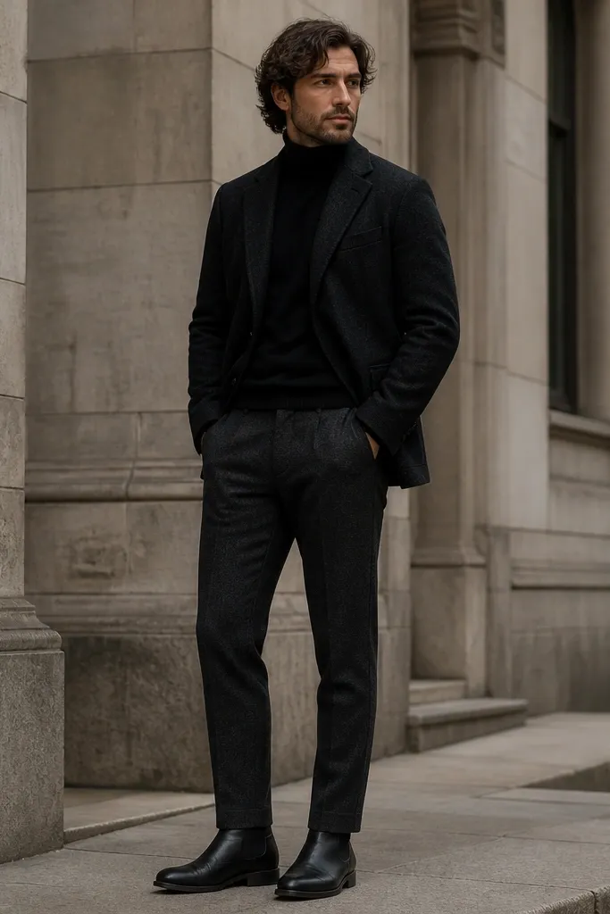 A man in a black turtleneck under a dark blazer. He wears textured charcoal trousers with a clean hem at the top of black chelsea boots. The outfit looks warm and layered, with a wool texture visible in the blazer.