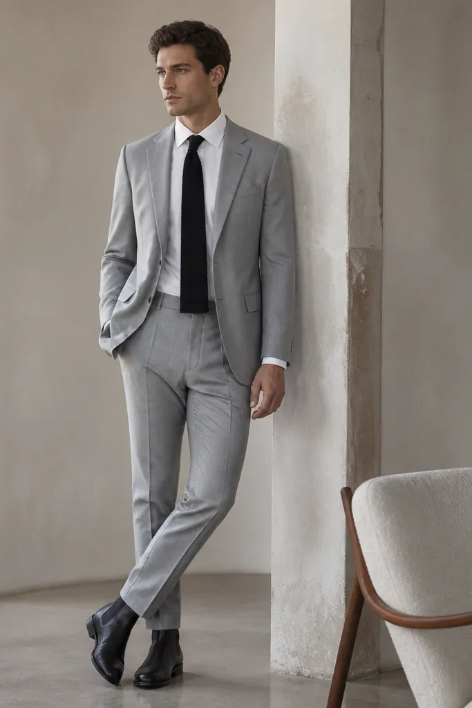 A man wearing a light gray suit with a white shirt and a black ribbed knit tie. The trousers break slightly at the top of black chelsea boots. The boots are matte and the suit jacket looks midweight.