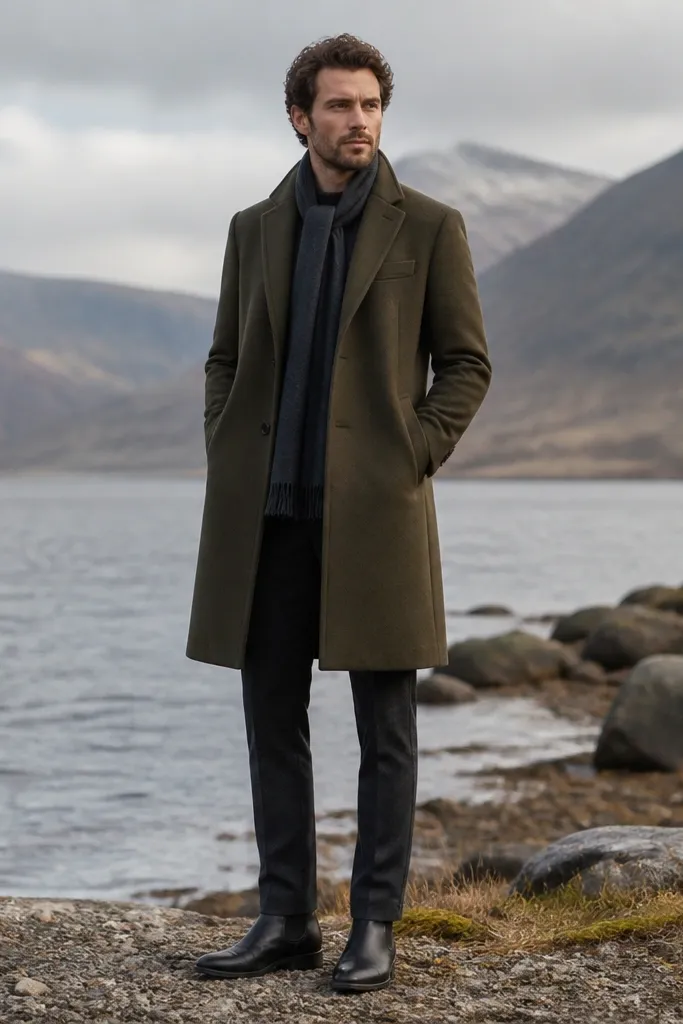 A man in an olive wool overcoat with a dark scarf and charcoal trousers. Black chelsea boots are visible with a clean hem line. The scarf is dark gray, and the overall look is outdoorsy but formal.