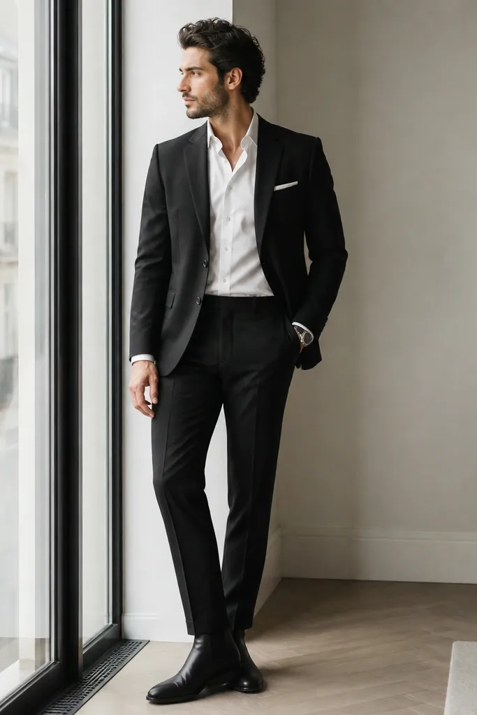 A man in a black blazer over a white dress shirt. He wears black tailored trousers with a clean break at matte black chelsea boots. The outfit looks sharp with a minimal pocket square and a silver watch.