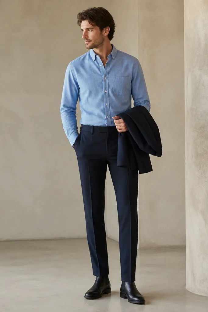 A man wearing a light blue chambray shirt with the sleeves down. He pairs it with navy suit trousers and a dark blazer draped over one arm. Black chelsea boots are centered in the photo with a neat hem break.