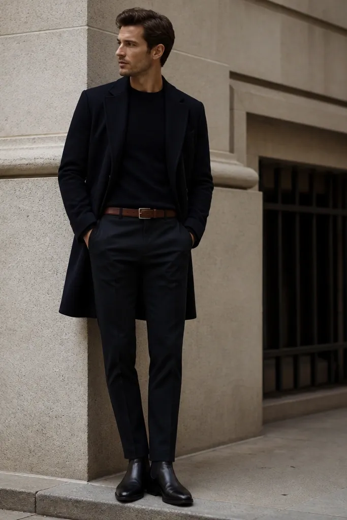 A man in a navy overcoat with a dark sweater and tailored trousers. He wears black chelsea boots and a brown leather belt. The contrast is visible at the waist and the hem lands cleanly at the boot top.