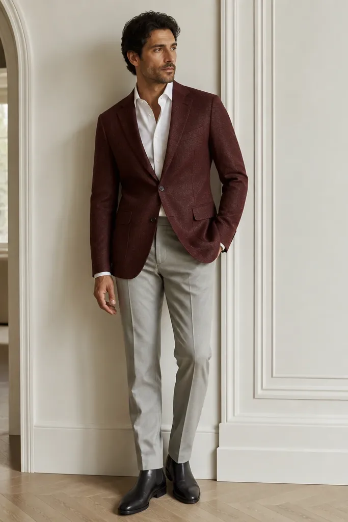 A man wearing a burgundy blazer with a white shirt and no tie. He has light gray trousers that break slightly at black chelsea boots. The burgundy fabric has a visible wool texture.