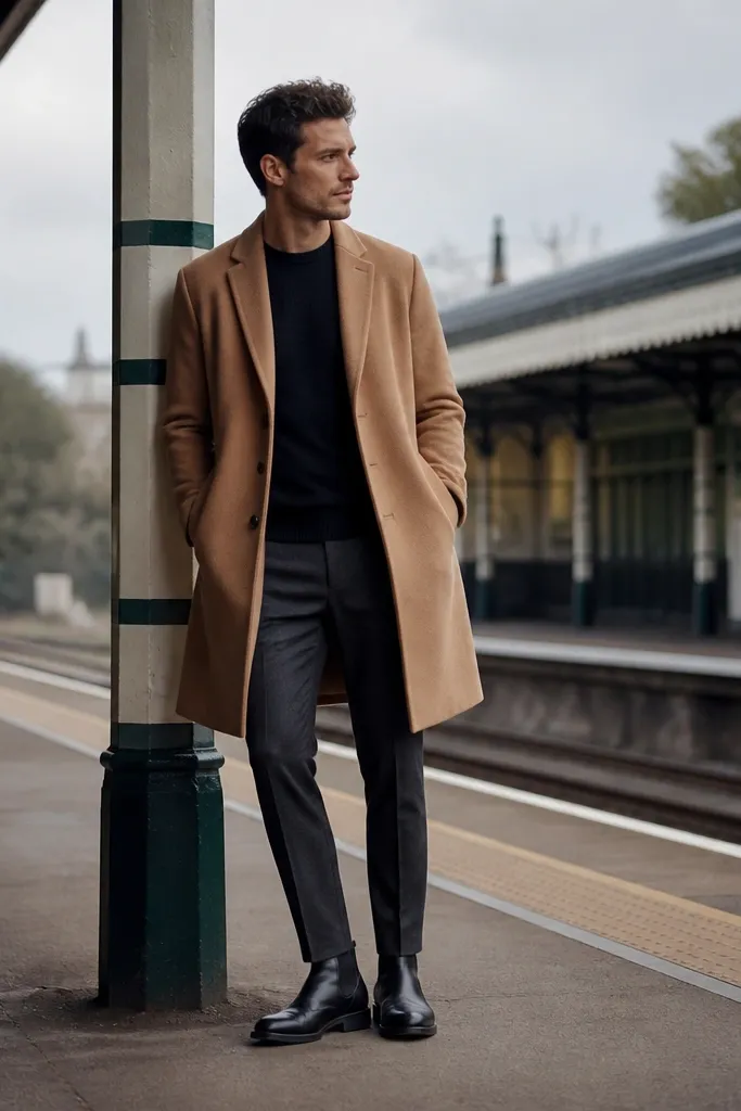 A man standing near a station platform. He wears a camel overcoat over a dark sweater and charcoal trousers. Black chelsea boots show prominently with a neat hem that sits at the boot top.