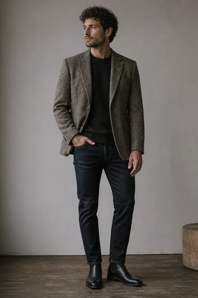A man wearing a tweed blazer in gray-brown tones over a dark crewneck. He has dark, tailored jeans that are hemmed to the boot top, and black chelsea boots. The blazer has visible flecks and a structured shoulder.