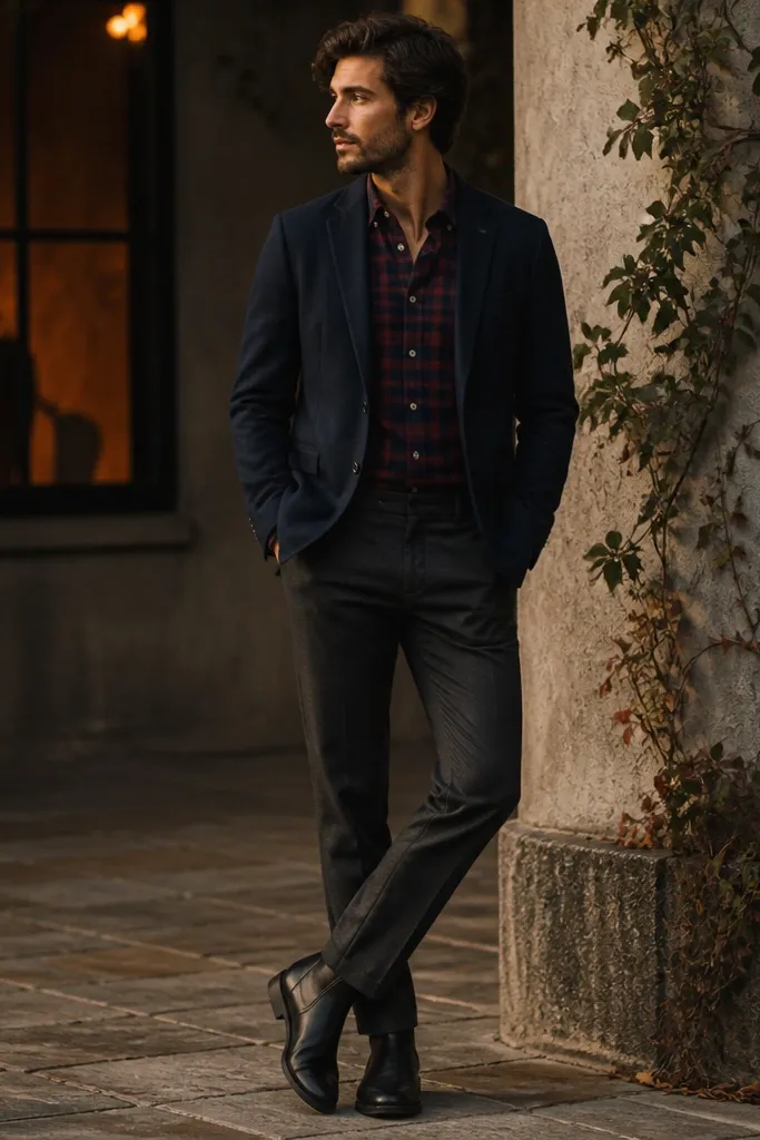 A man in a navy suit jacket with a plaid flannel shirt visible at the collar. He wears charcoal trousers hemmed neatly at black chelsea boots. The shirt has dark red and navy tones, and the overall look feels evening-warm.