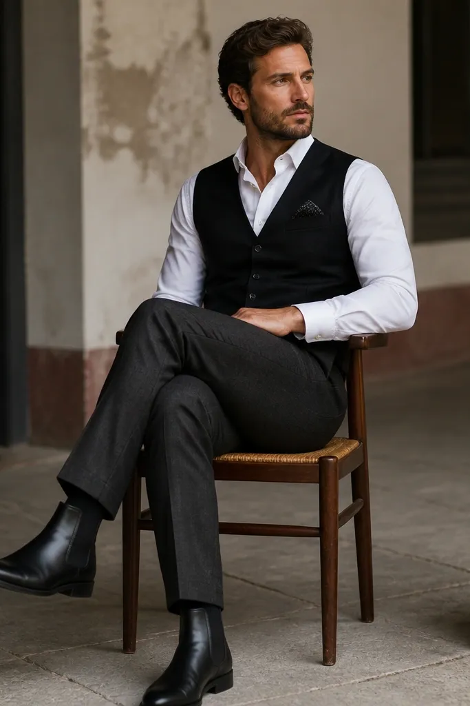 A man wearing a white dress shirt with a black waistcoat and a dark pocket square. Charcoal trousers show a clean hem at black chelsea boots. The look is neat and layered, with a vest buttoned and the tie absent.