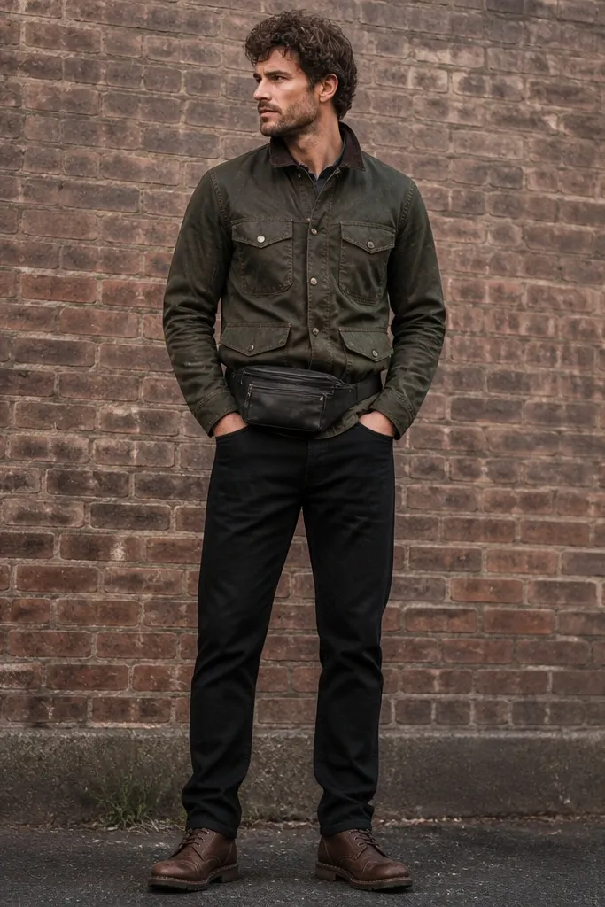 A man stands outdoors in front of a brick wall wearing black slim-straight jeans with a matte finish, a dark olive waxed cotton trucker jacket with two chest flap pockets, brown leather work boots with thick soles, and a low black belt bag worn at the belt line. The cuffs show a small break over the boot shaft.