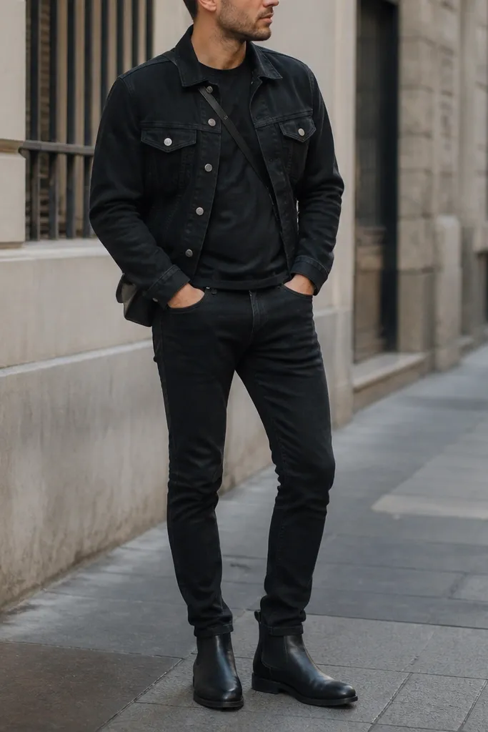 A close street-style shot shows a man in black jeans, a black denim jacket with visible seam lines and snap closures, and sleek black Chelsea boots with elastic side panels. A small crossbody is tucked behind the jacket hem, and the outfit has a clean monochrome look.