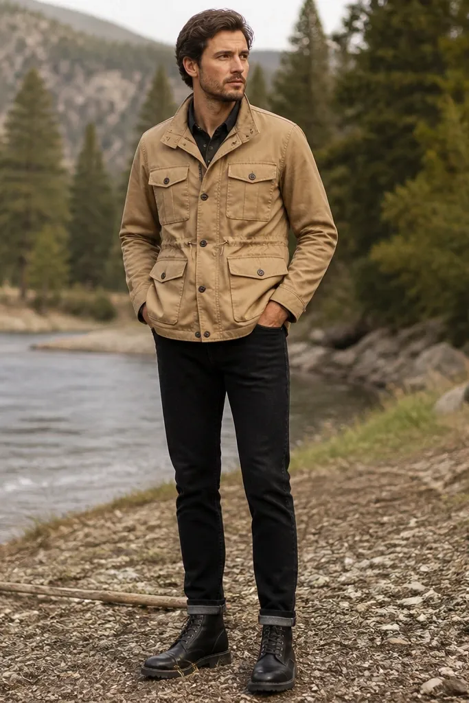 A full-body outdoor photo shows black jeans, a tan canvas field jacket with a drawstring waist and multiple buttoned pockets, olive-green crew socks, and black lug-sole boots. The hem has a slight break over the sock edge.