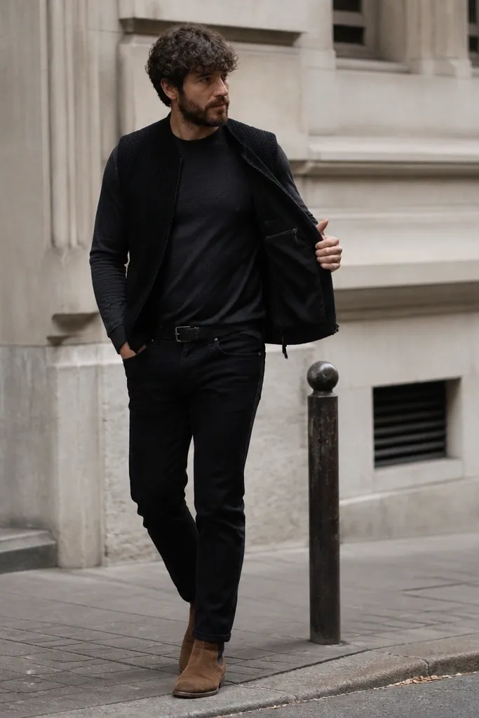 A street photo shows a man in a black knit vest layered over a dark long-sleeve shirt, black jeans, and brown roughout boots with a slightly fuzzy suede-like nap. A small zip pocket sits inside the vest lining.
