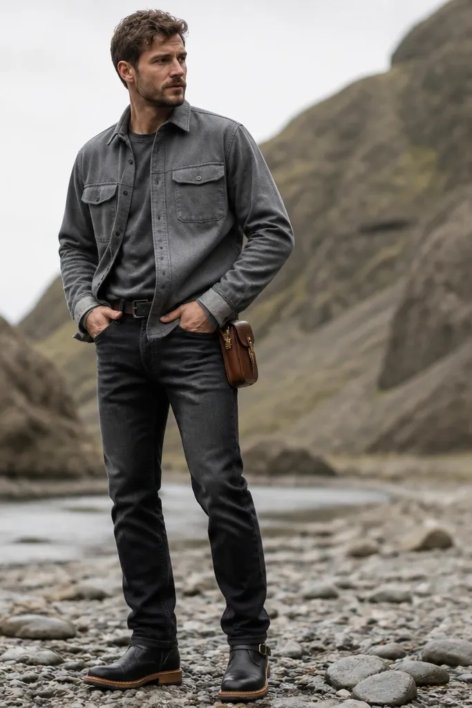 A man wears black jeans with a slight fade, a utility shirt jacket in medium gray with chest pockets, and black boots with tan leather trim. A tan leather belt bag sits at the side seam, and the belt bag hardware matches the boot accents.