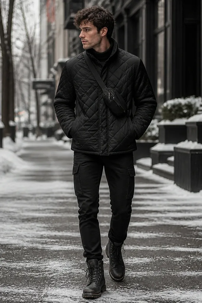 A winter street shot shows slim-cut black jeans with subtle side cargo pockets, a black quilted Thinsulate-style jacket with a matte finish, and black lace-up boots with a weathered toe. A small zippered pocket bag is worn crossbody under the jacket.