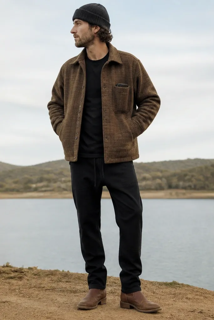A casual outdoor photo shows a man in black jeans with a subtle drop-crotch drape, a brown shacket with flannel texture, a dark knit beanie, and tan roper boots with stacked heels. A small phone fits in an external shacket pocket.
