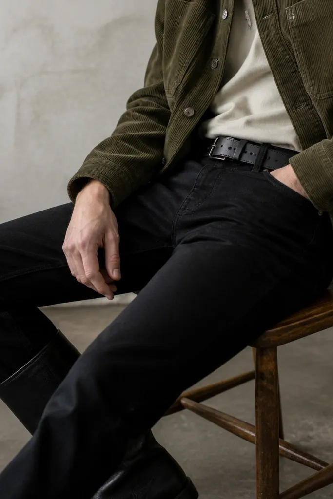 A close-up shows an olive corduroy overshirt over black jeans, black boots with a matte leather finish, and a slim belt worn with a hidden inner pocket. The belt looks normal from the outside.
