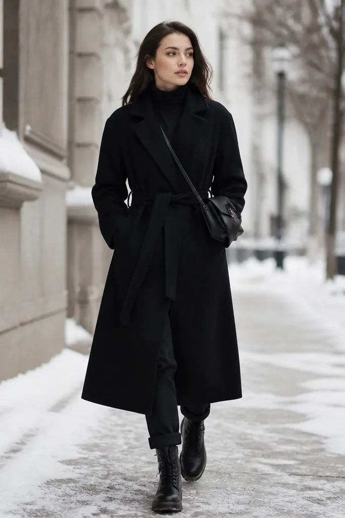 A winter street photo shows black jeans, a long black wool coat with a belt, and black combat boots. A leather satchel sits across the body with a strap tucked under the coat, and the coat length reaches mid-calf.