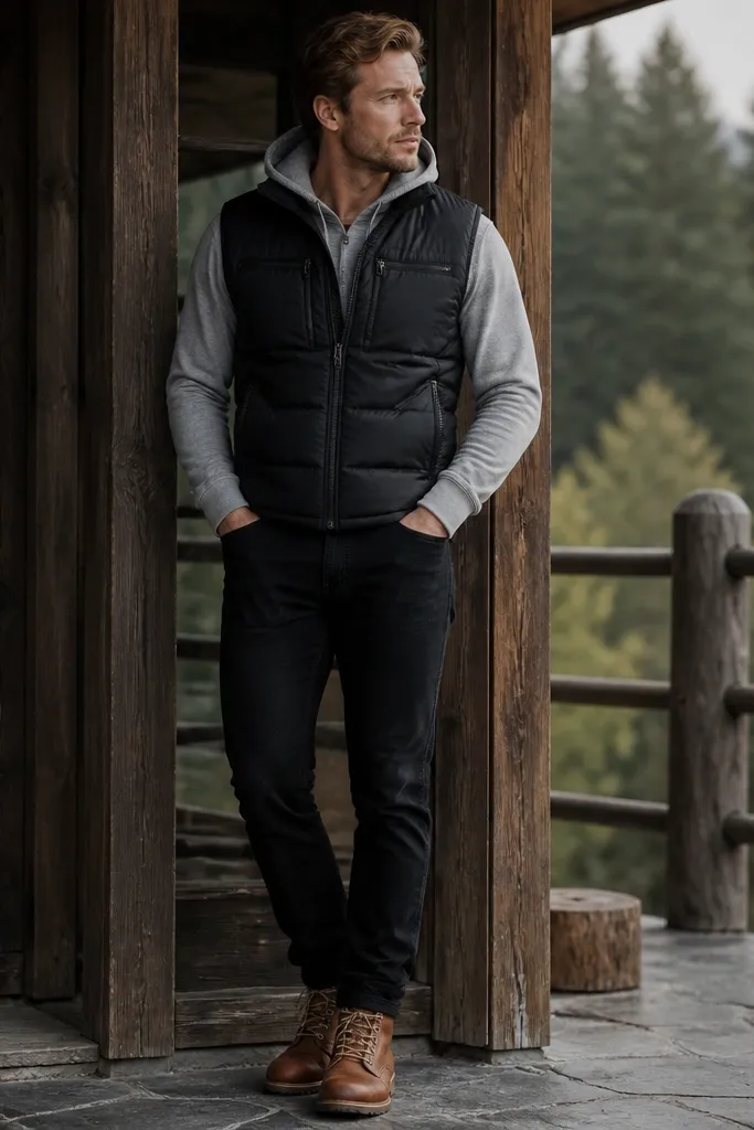 A layered photo shows black jeans, a black puffer vest with two zip pockets on the chest and sides, a gray hoodie underneath, and brown lace-up boots with thick laces. The vest is fitted at the waist.