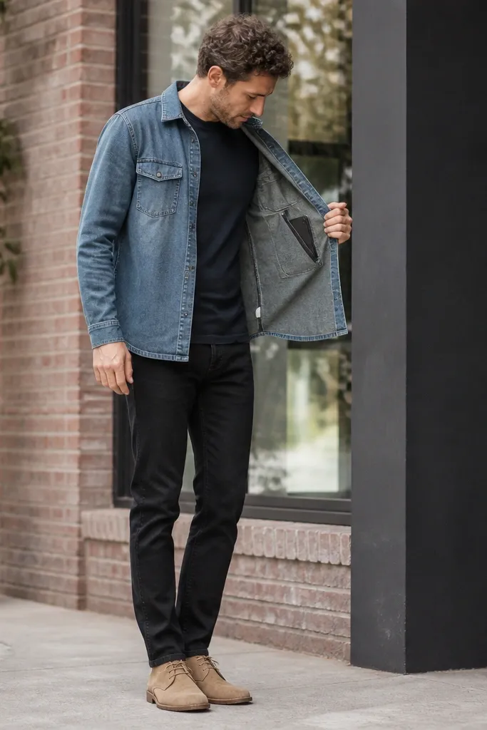 A daylight photo shows a man wearing a medium wash denim shirt jacket over a dark tee, black jeans, and tan suede desert boots. A small zip pocket holds a phone on the inside of the jacket lining.