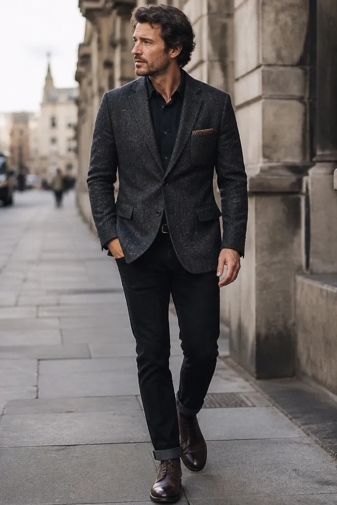 A street shot shows a man in a charcoal tweed blazer with a leather strap pocket detail, black jeans, and dark brown work boots with a slightly polished toe. A slim wallet stays in the blazer pocket.
