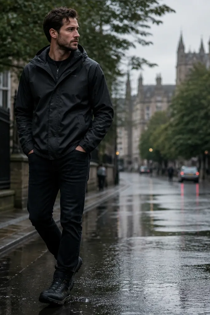 A rainy street photo shows black jeans, a matte black rain shell with a hood and hidden interior pocket, and black waterproof hiking boots with visible tread. The outfit looks practical, and the hood sits flat.