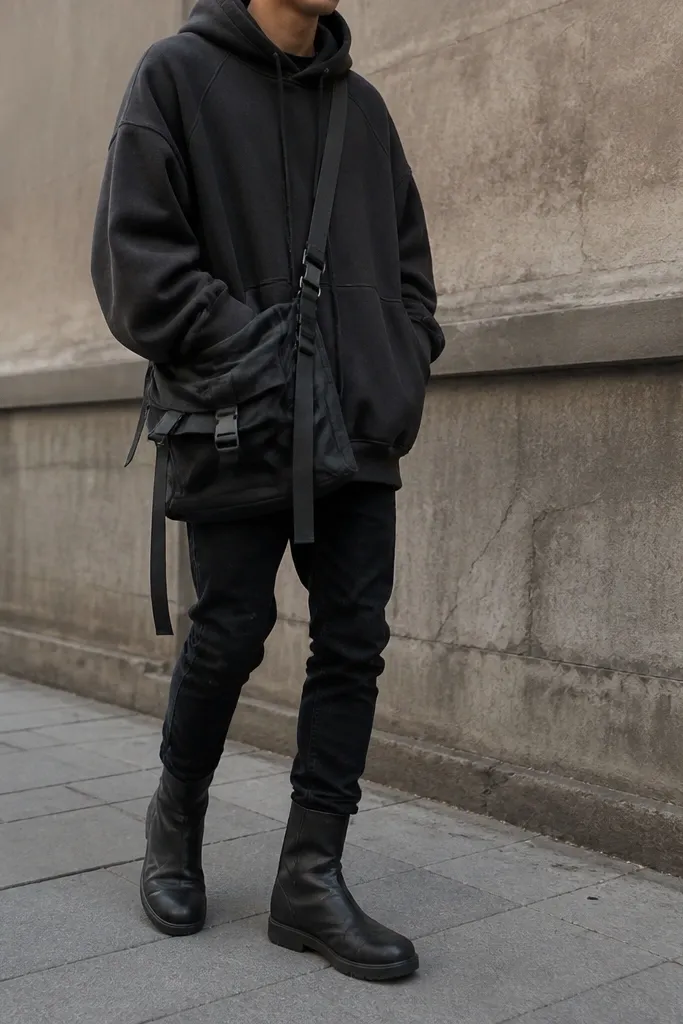 A casual sidewalk photo shows black jeans, an oversized charcoal hoodie, black boots with a rubber toe cap, and a utility crossbody bag worn low with multiple straps. The hoodie covers part of the bag for a layered look.