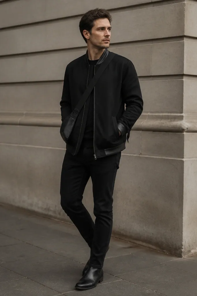 A bomber jacket in black with leather-trim cuffs and collar sits over black jeans. The man wears a minimalist sling bag with a matte black strap and black boots with a slim sole.