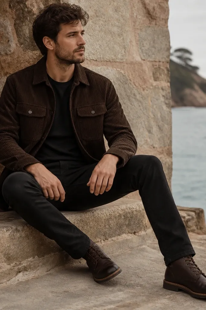 The photo shows a man wearing a dark brown cord overshirt over a dark tee, black jeans, and dark brown lace-up boots with visible stitching. Storage is held in the overshirt chest pockets.