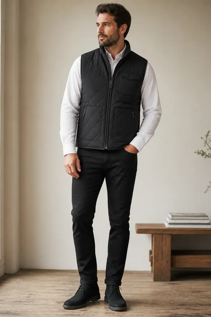A layering shot shows a man in a white work shirt under a black quilted utility vest with zip pockets, black jeans, and black chukka boots. The outfit is tidy and the pockets are visible on the vest.