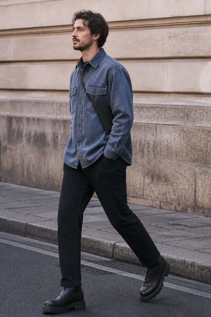 A street photo shows a man wearing a slate-blue denim overshirt over black jeans. He has black logger boots with thick soles and a logger-style toe, and a small internal pocket storage is suggested by a flat profile bag.