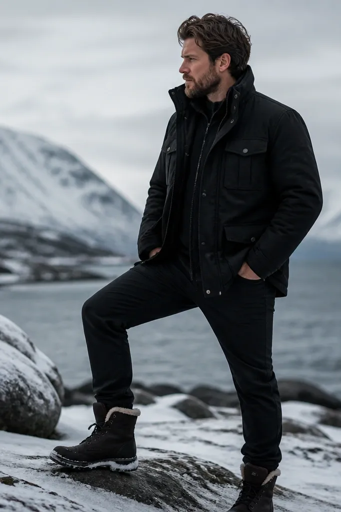A cold-weather photo shows black jeans, a black field jacket with a high collar, and boots lined with light shearling inside. The jacket has interior pocket access, and the outfit looks warm and rugged.