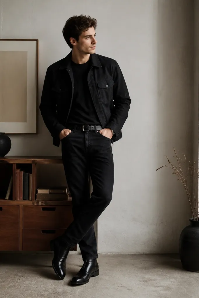 Black jeans outfit mens with storage styling