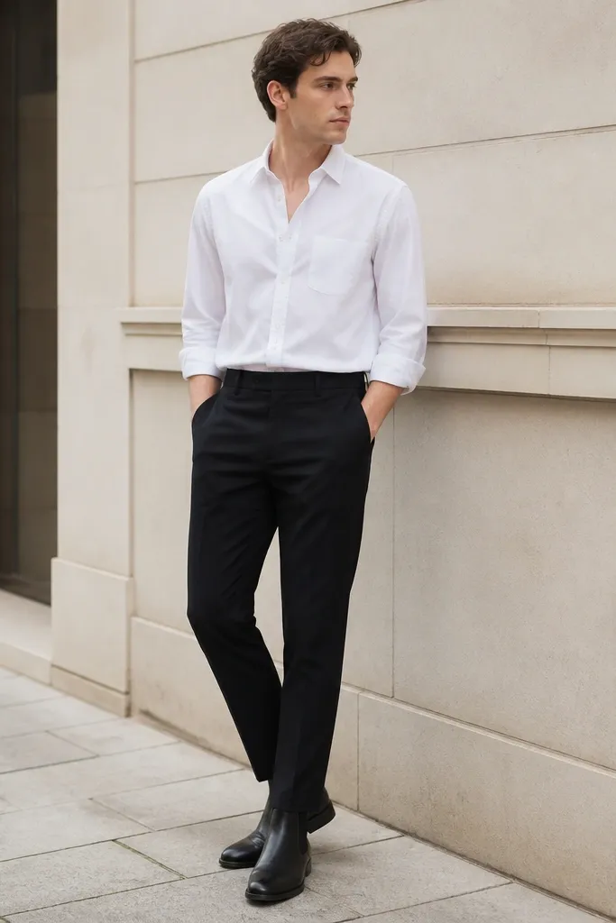 A person wearing black leather chelsea boots with a white Oxford button-down tucked into black tapered chinos; the shirt has sleeves rolled once and the jacket is absent. The photo shows the boot elastic panels clearly and the trouser hem ends right above the boot.