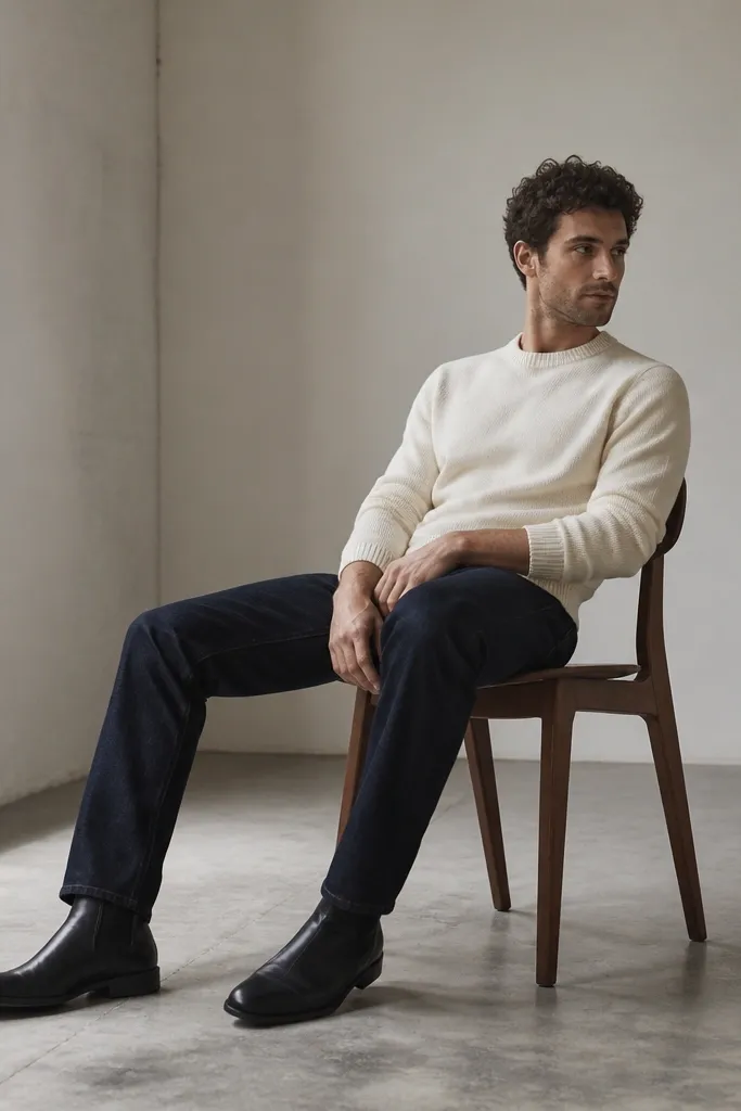 Black chelsea boots paired with a cream crewneck sweater and dark indigo straight-leg jeans. The jeans sit flat with a light break over the boot top, and the sweater looks thick and matte.