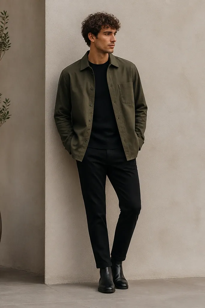 Black chelsea boots with an olive green overshirt layered over a black base top; black slim pants taper to the ankle and the hem sits right at the boot opening. The overshirt has visible buttons and a slightly boxy fit.