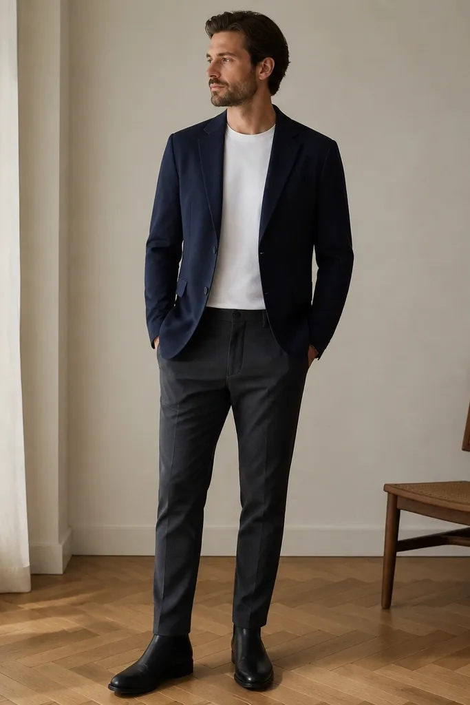 Black chelsea boots under a navy blazer worn with a plain white crew tee and dark charcoal chinos. The blazer hem sits around the upper hip, and the pants have a clean break above the boot.