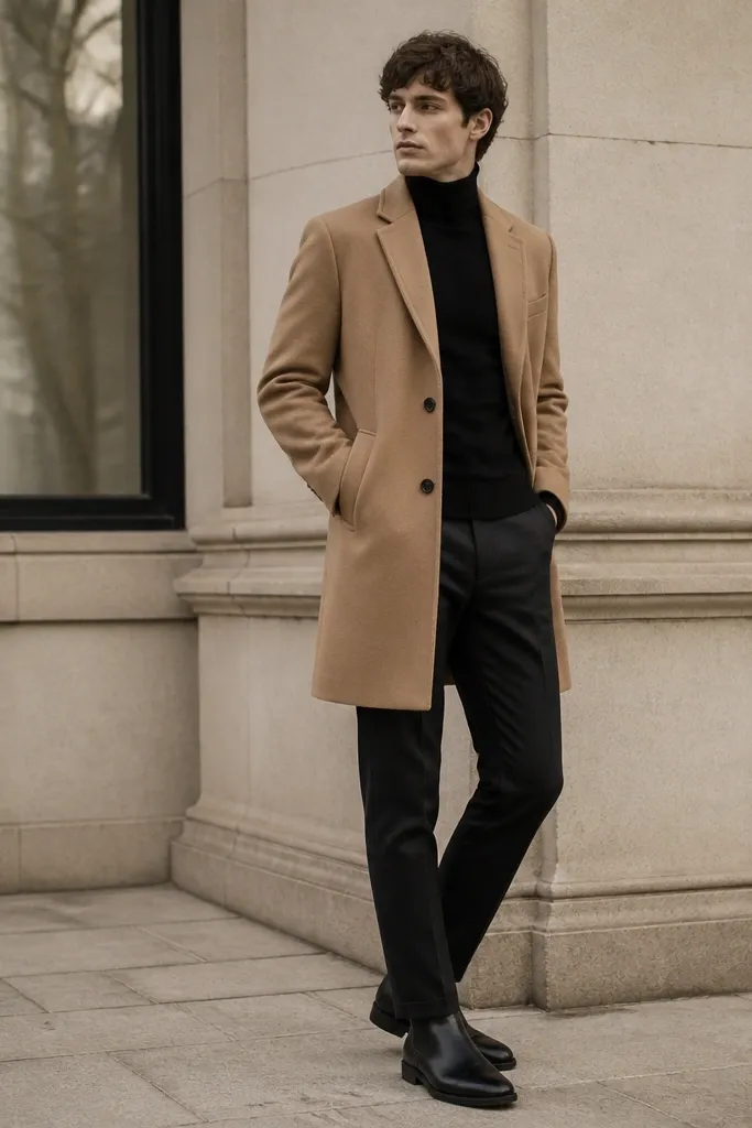 A camel overcoat over a black turtleneck with straight dark jeans and black leather chelsea boots. The coat reaches mid-thigh, and the jeans show a small break at the boot.