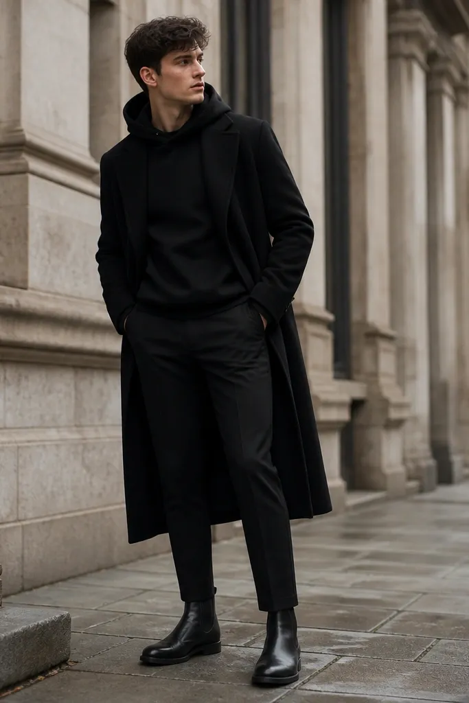 Black chelsea boots with a plain black hoodie and a long black wool overcoat worn open. The hoodie has no visible graphics, and the pants are dark and tapered with a hem above the boot.