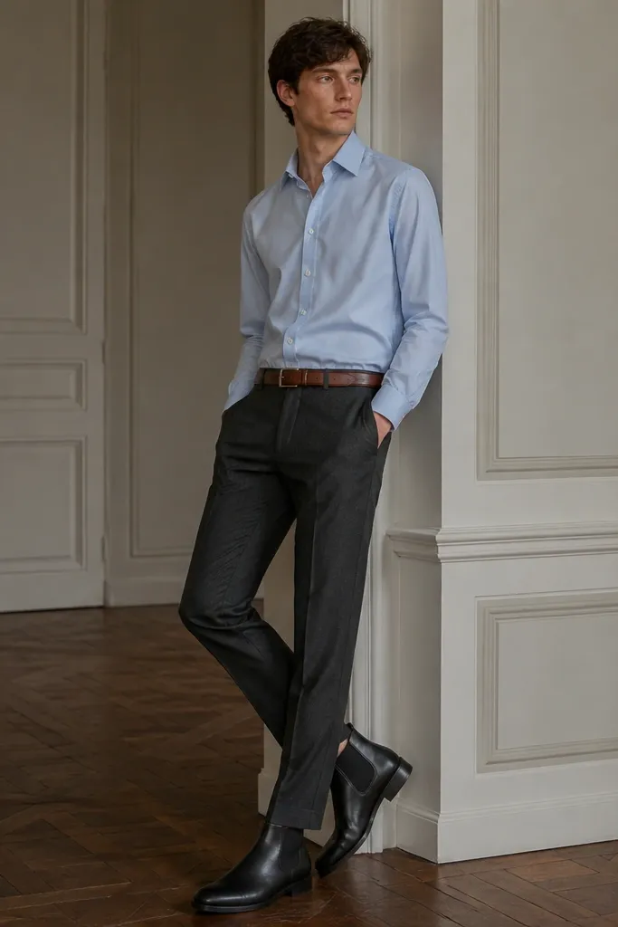 Black chelsea boots with a light blue dress shirt tucked into charcoal slacks. A brown leather belt is visible at the waist, and the pants hem stops right above the boot.