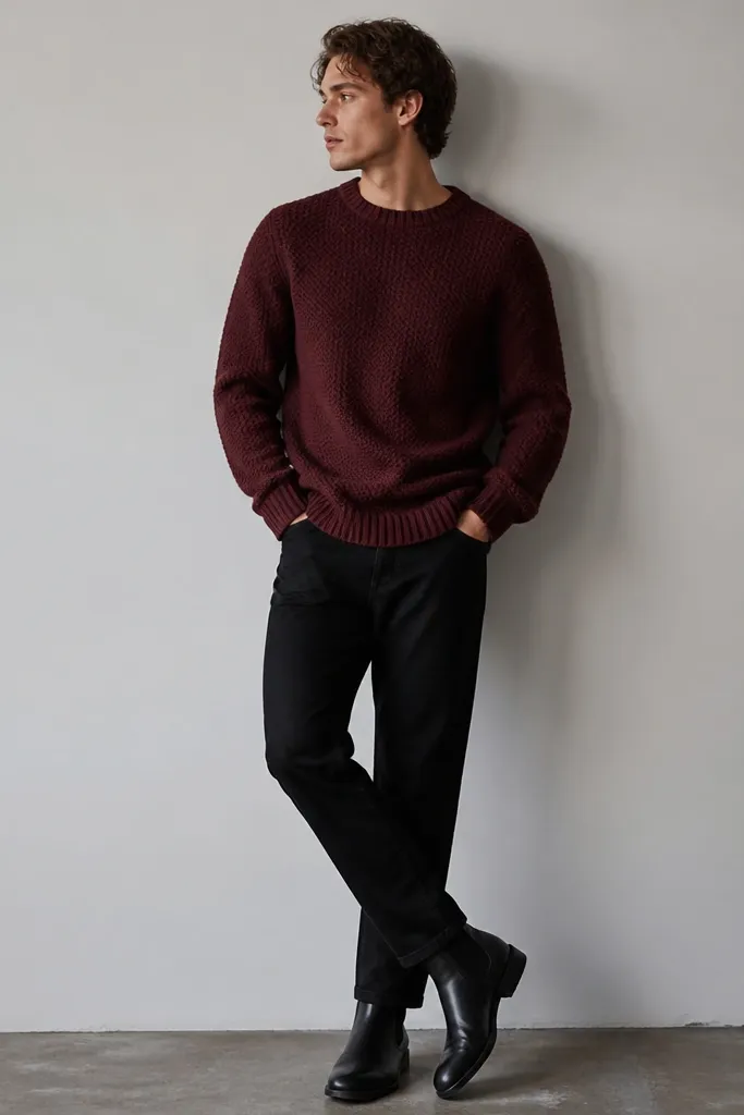 Black chelsea boots under a burgundy knit sweater and black jeans. The jeans are straight through the ankle, and the sweater has a thick, textured weave.