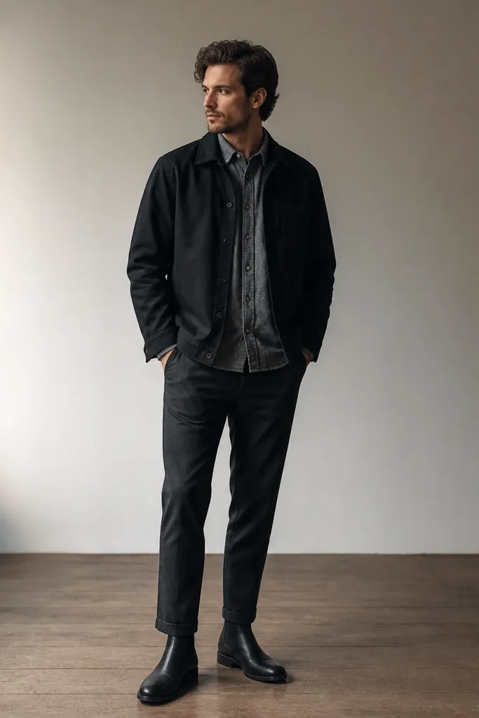 Black chelsea boots with a grey flannel button-down under a black chore jacket. The pants are black or charcoal and taper to the ankle with a clean hem above the boot.