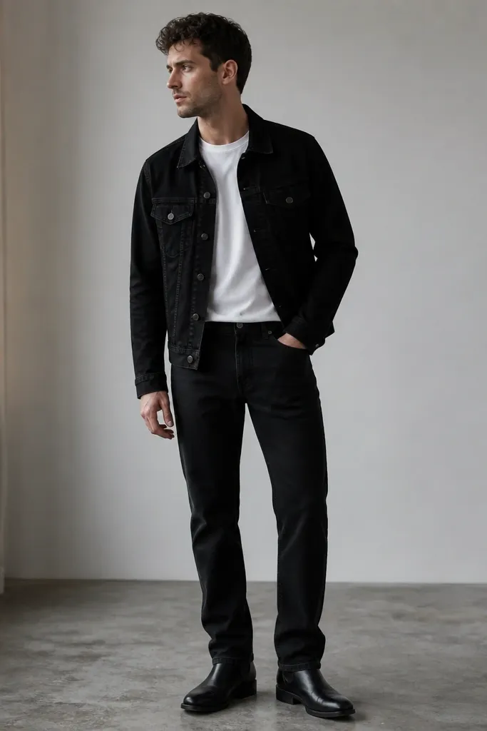 Black chelsea boots with a white crew tee, black denim jacket, and black straight jeans. The outfit is monochrome and the jeans break slightly at the boot top.