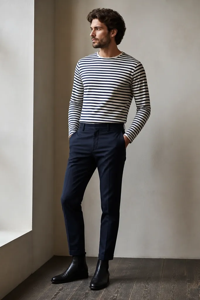 Black chelsea boots with a navy and white striped long-sleeve shirt tucked into navy chinos. The chinos have a tapered ankle and a hem that ends right above the boot opening.