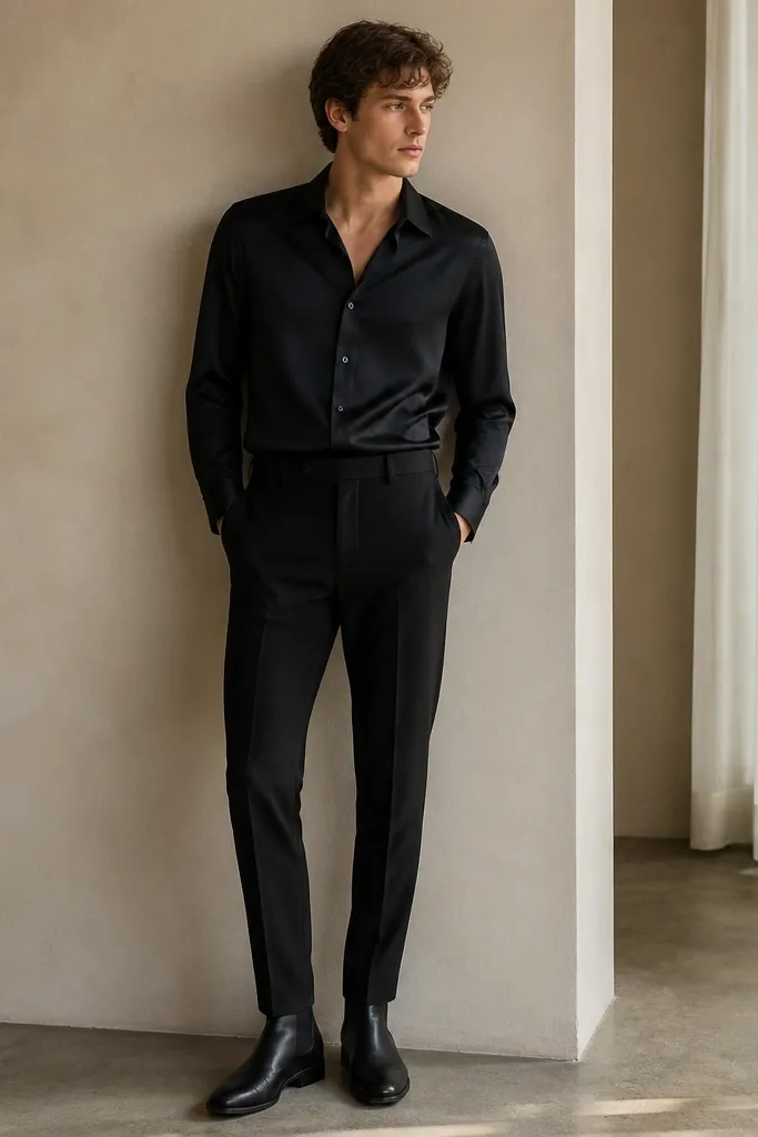 Black chelsea boots paired with a black satin-like button-up shirt and matte black trousers. The shirt catches light slightly at the seams, and the trousers taper with a hem at the boot top.