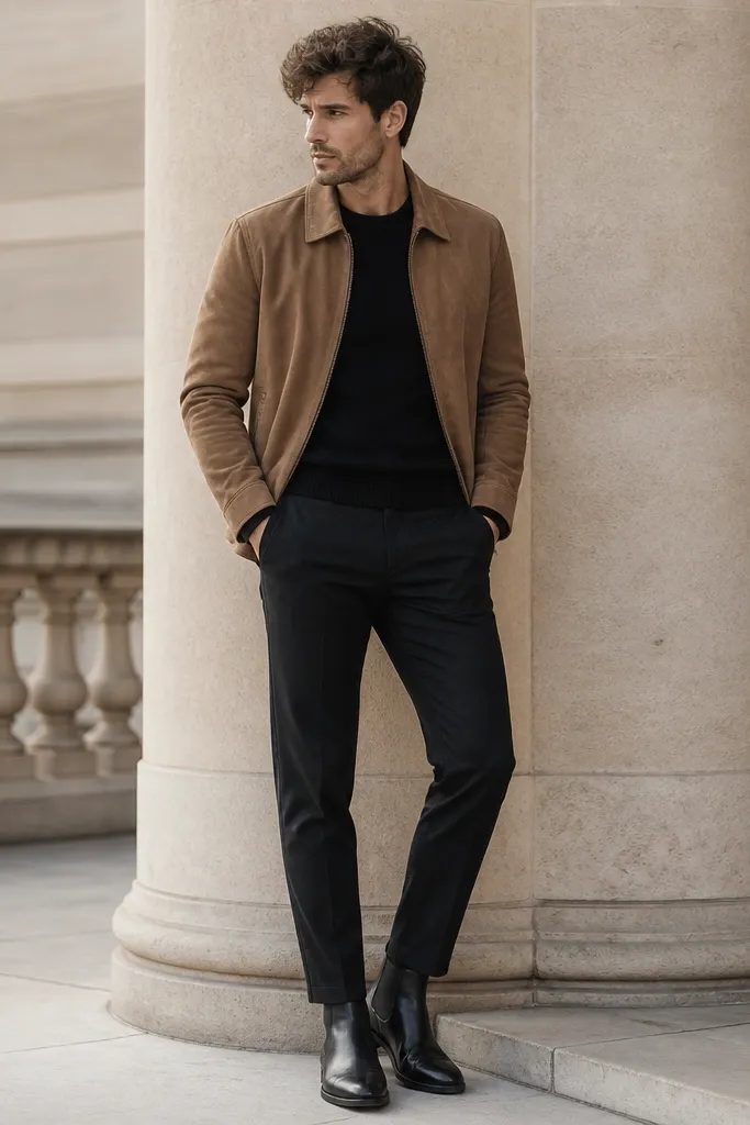 Black chelsea boots with a tan suede jacket over a black crew knit. The pants are dark and tapered, with the hem landing above the boot top.