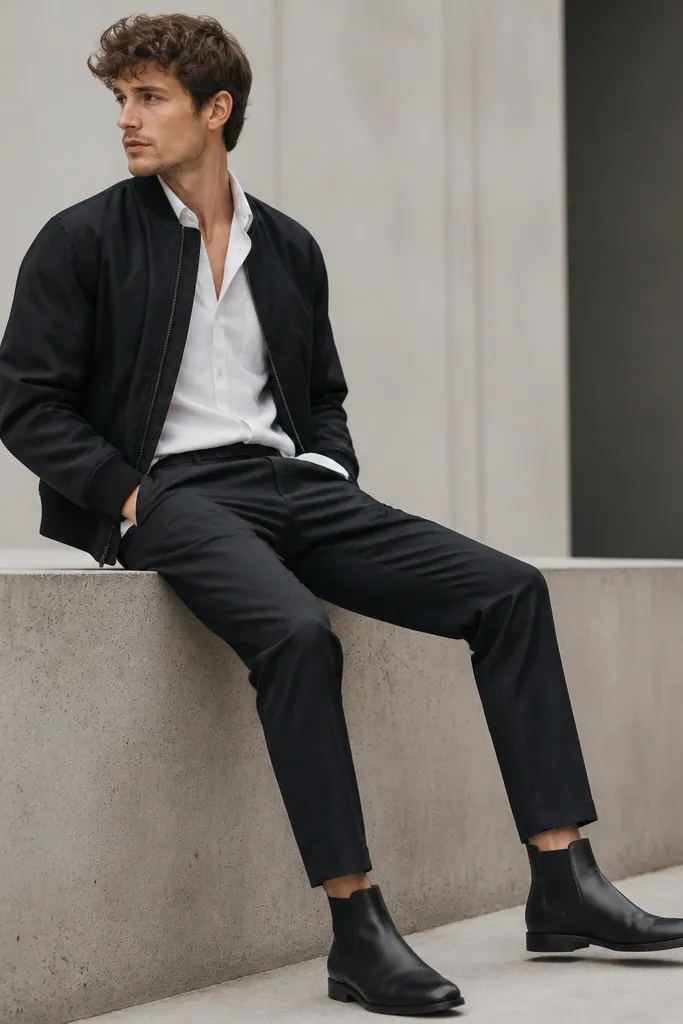 Black chelsea boots with a black bomber jacket and a white button-down worn open at the neck, showing the collar. The pants are dark and tapered, with a hem above the boot.