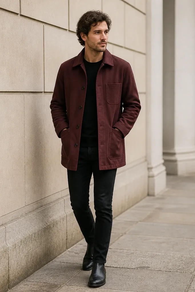 Black chelsea boots with a burgundy chore coat worn over a black top and black slim jeans. The burgundy coat has visible pockets and buttons, and the hem lands around mid-thigh.