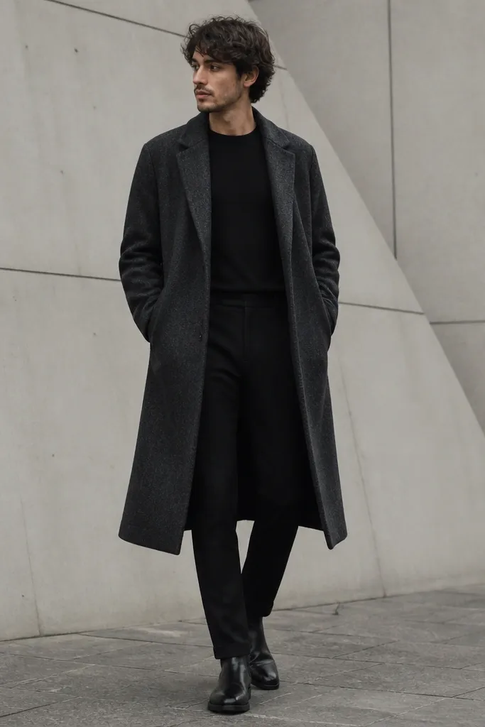 Black chelsea boots with a charcoal overcoat over a black crew tee and slim black trousers. The overcoat is longer, almost mid-calf, and the trousers show a clean break at the boot.