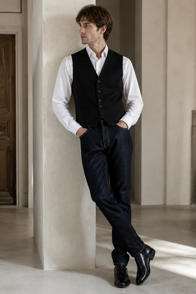 Black chelsea boots with a white button-down tucked into dark denim, layered with a black waistcoat. The waistcoat is buttoned, and the jeans have a slight break over the boot top.