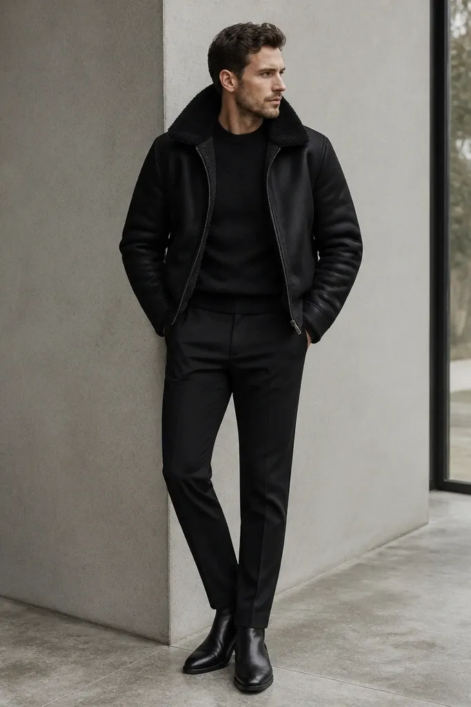 Black chelsea boots with a black shearling-lined jacket (faux fur collar visible) and black trousers. The jacket collar frames the neck, and the trousers taper to the boot top.