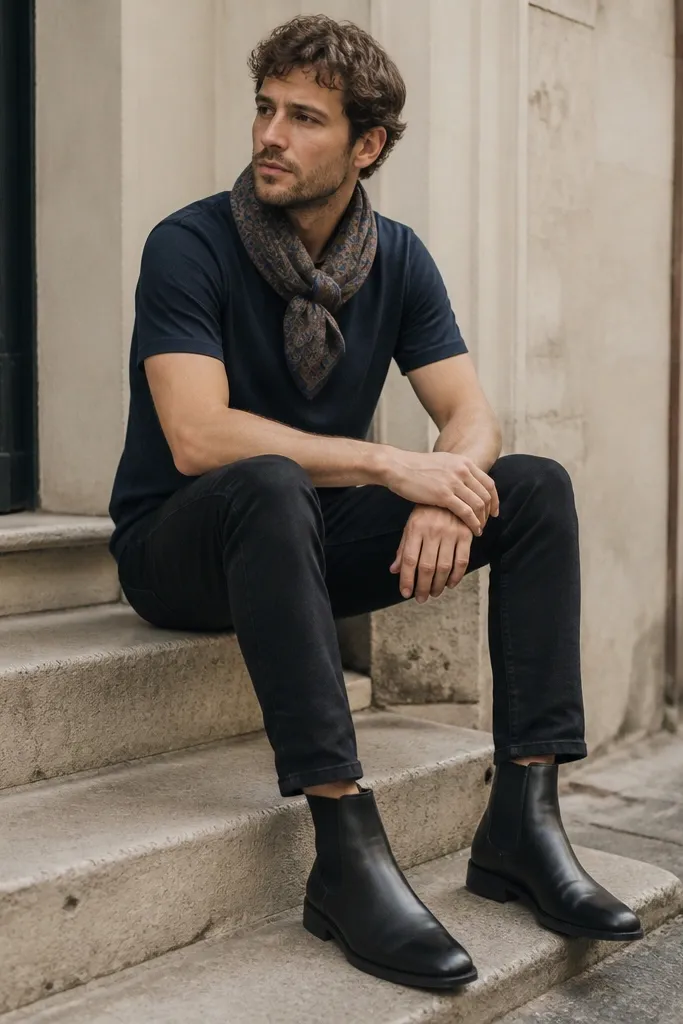 Black chelsea boots with a solid navy tee, black jeans, and a patterned scarf in muted tones. The scarf sits around the neck and the jeans hem ends above the boot top.